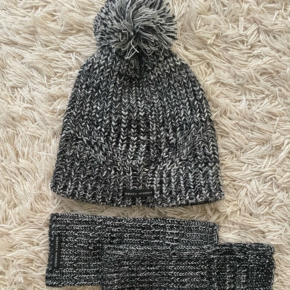 black and white hat and hand warmer set
